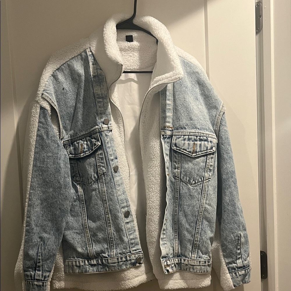 SHEIN Light Blue Jean Jacket with White Sherpa Lining